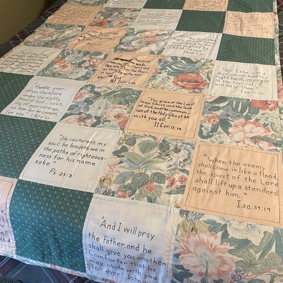 VTG 90s Handmade Patchwork Throw Blanket Floral Bible Quotes God Believes 49x70” - Picture 1 of 10